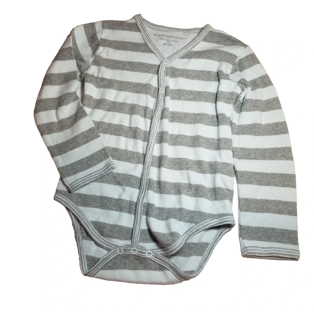 Burts Bees Long Sleeve Bodysuit Snap Organic Cotton Light Blue/Gray Stripe 24 Mo